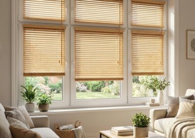 żaluzje drewniane 25 mm na skrzydłach okiennych, montaż w Warszawie roletypremium.pl